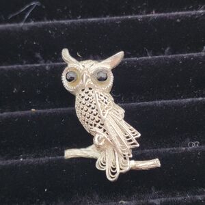 Vintage Germany Black Gem Eyes Filigree Sterling Silver Owl Brooch Pin 1.75"